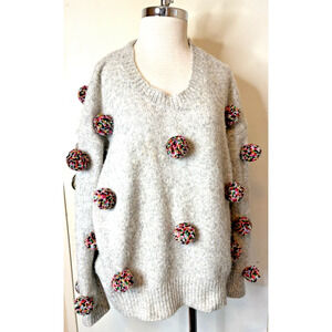 Zara Womens Gray Knit Multicolor Pom Pom Alpaca Blend Sweater Size S READ
